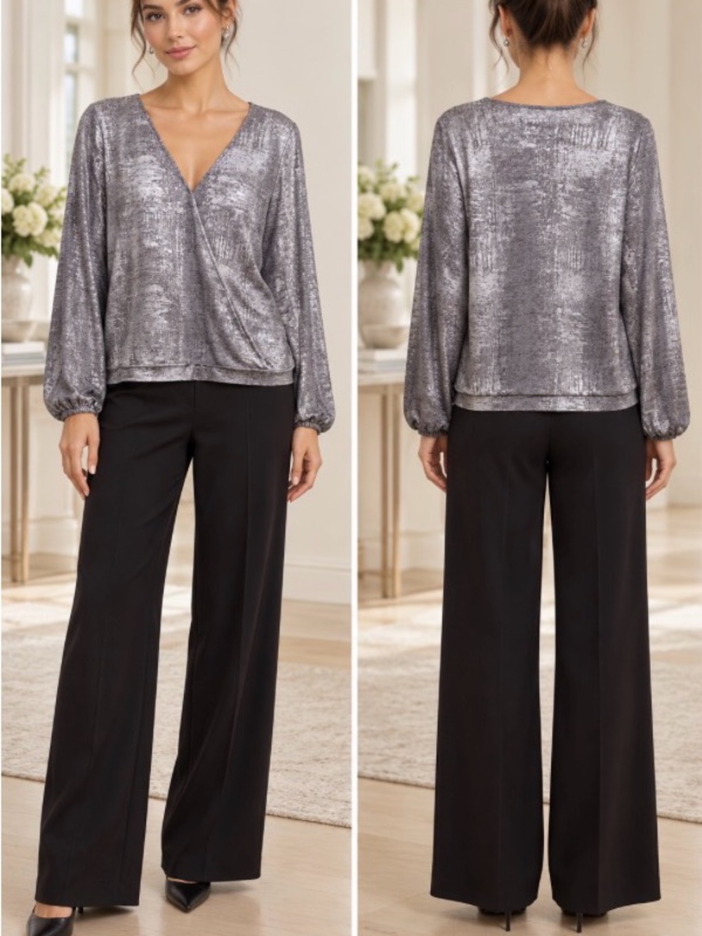 Anthropologie Silver Metallic Faux Wrap V Neck Long Sleeve Top Medium